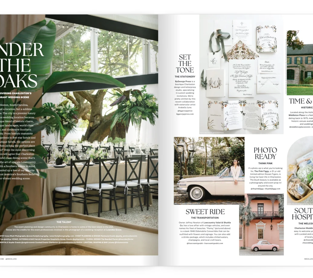 Under the Oaks opening spread in WedLuxe Experiences Issue 01